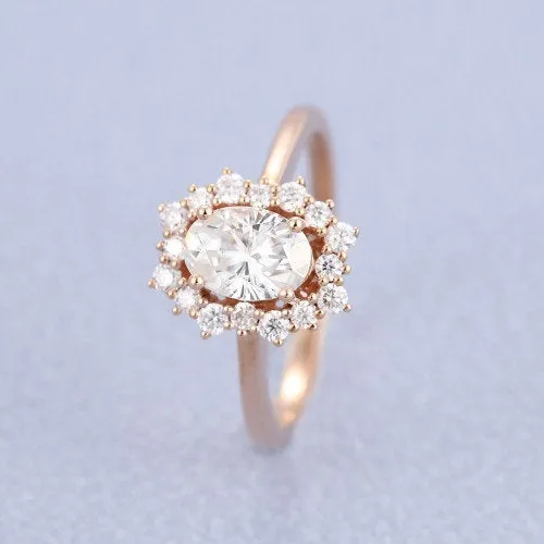 Rose Gold Oval Moissanite Engagement Ring in Halo Diamond Wedding Band Forever One Moissanite Ring 14k, 18k Rose Gold or Platinum Oval 5x7mm