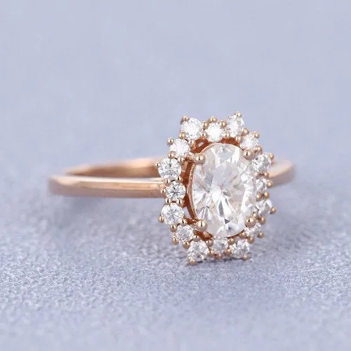 Rose Gold Oval Moissanite Engagement Ring in Halo Diamond Wedding Band Forever One Moissanite Ring 14k, 18k Rose Gold or Platinum Oval 5x7mm