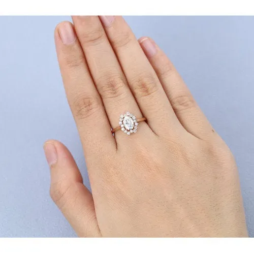 Rose Gold Oval Moissanite Engagement Ring in Halo Diamond Wedding Band Forever One Moissanite Ring 14k, 18k Rose Gold or Platinum Oval 5x7mm