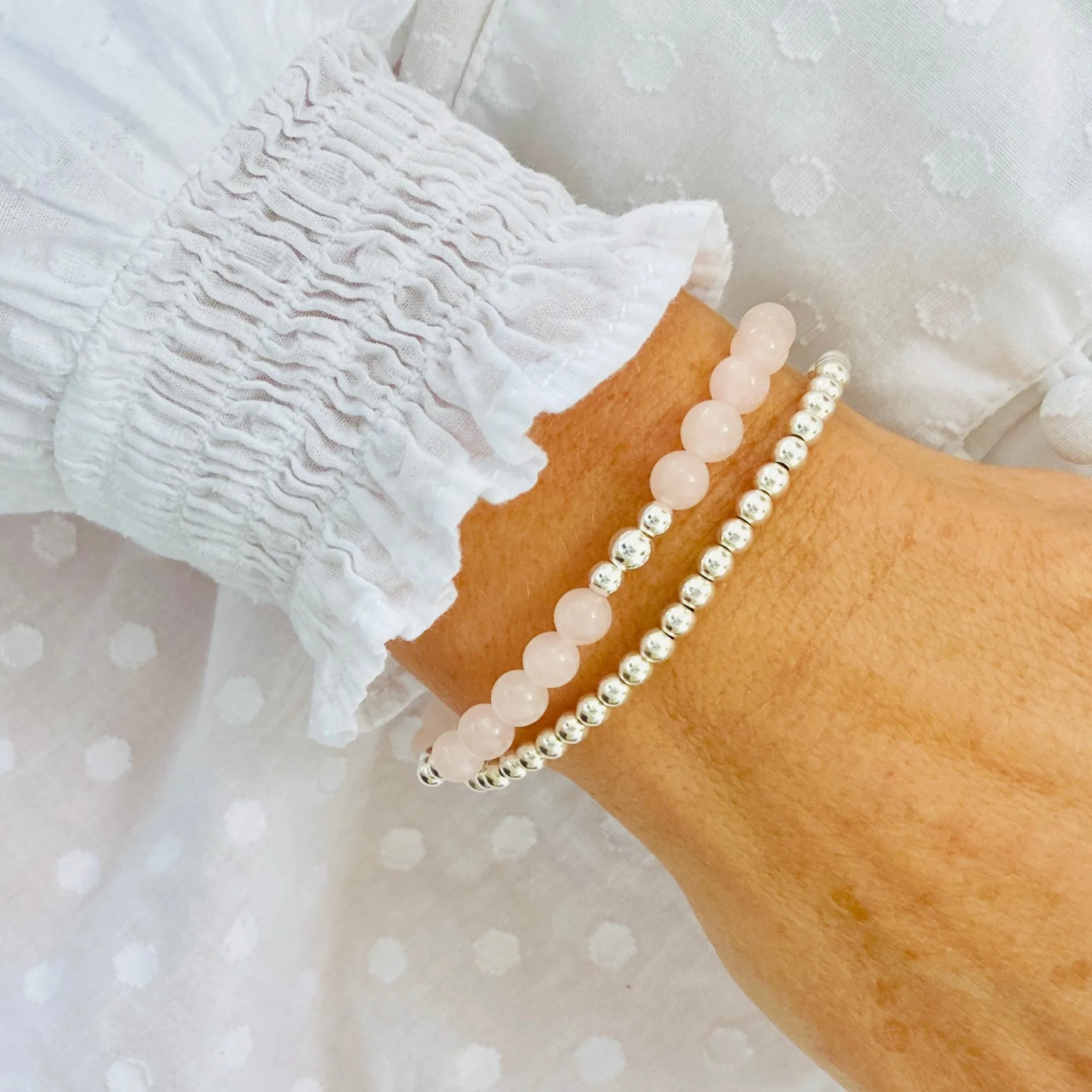 Rose Quartz Bracelet with Silver Accent | Solo or Stack Set