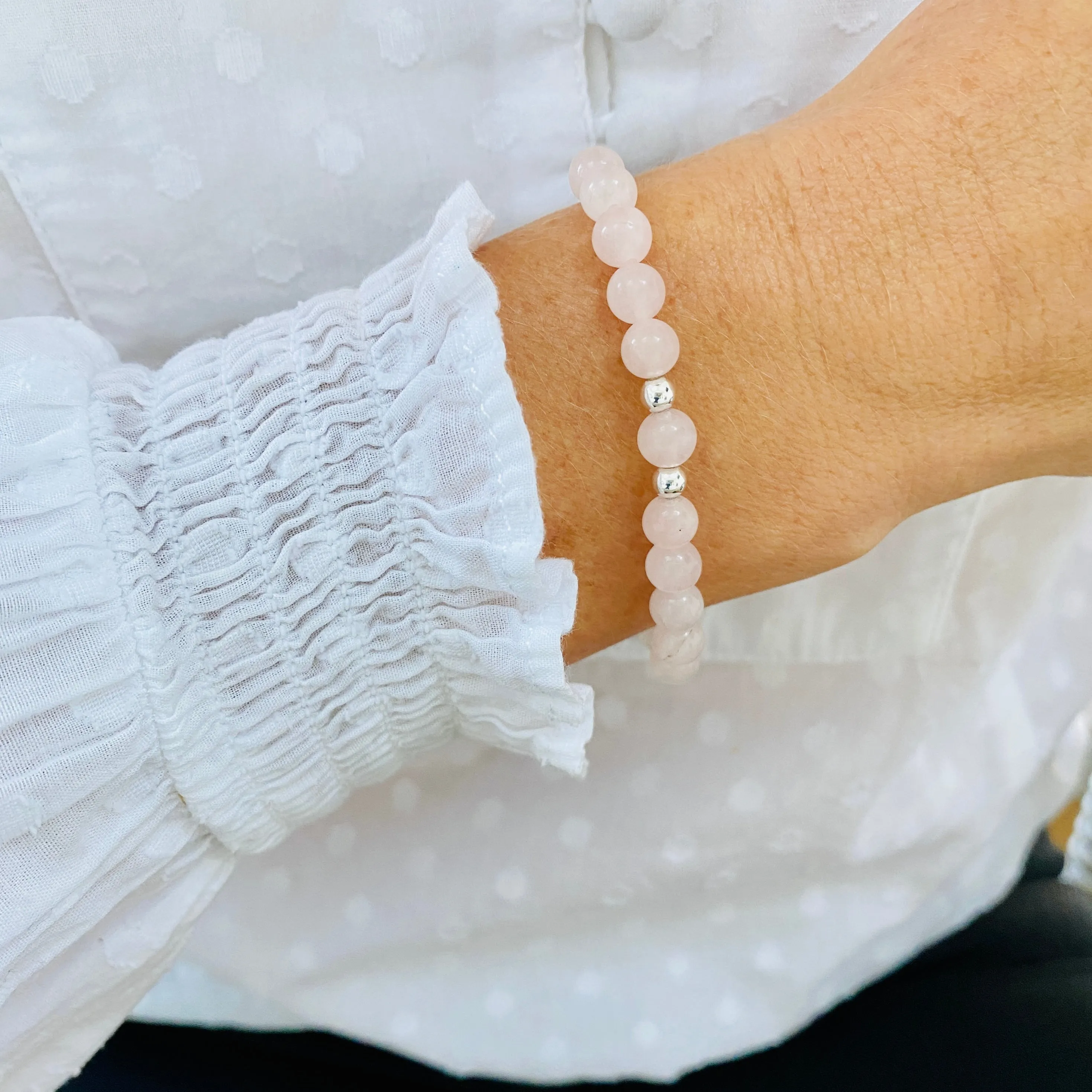 Rose Quartz Bracelet with Silver Accent | Solo or Stack Set