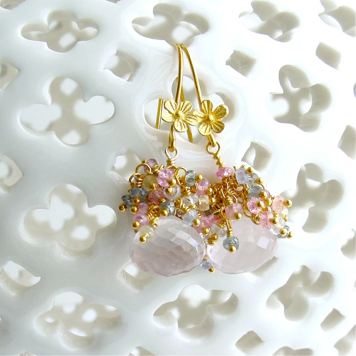 Rose Quartz Pastel Sapphires Cluster Tendrils Earrings - Juliet II Earrings