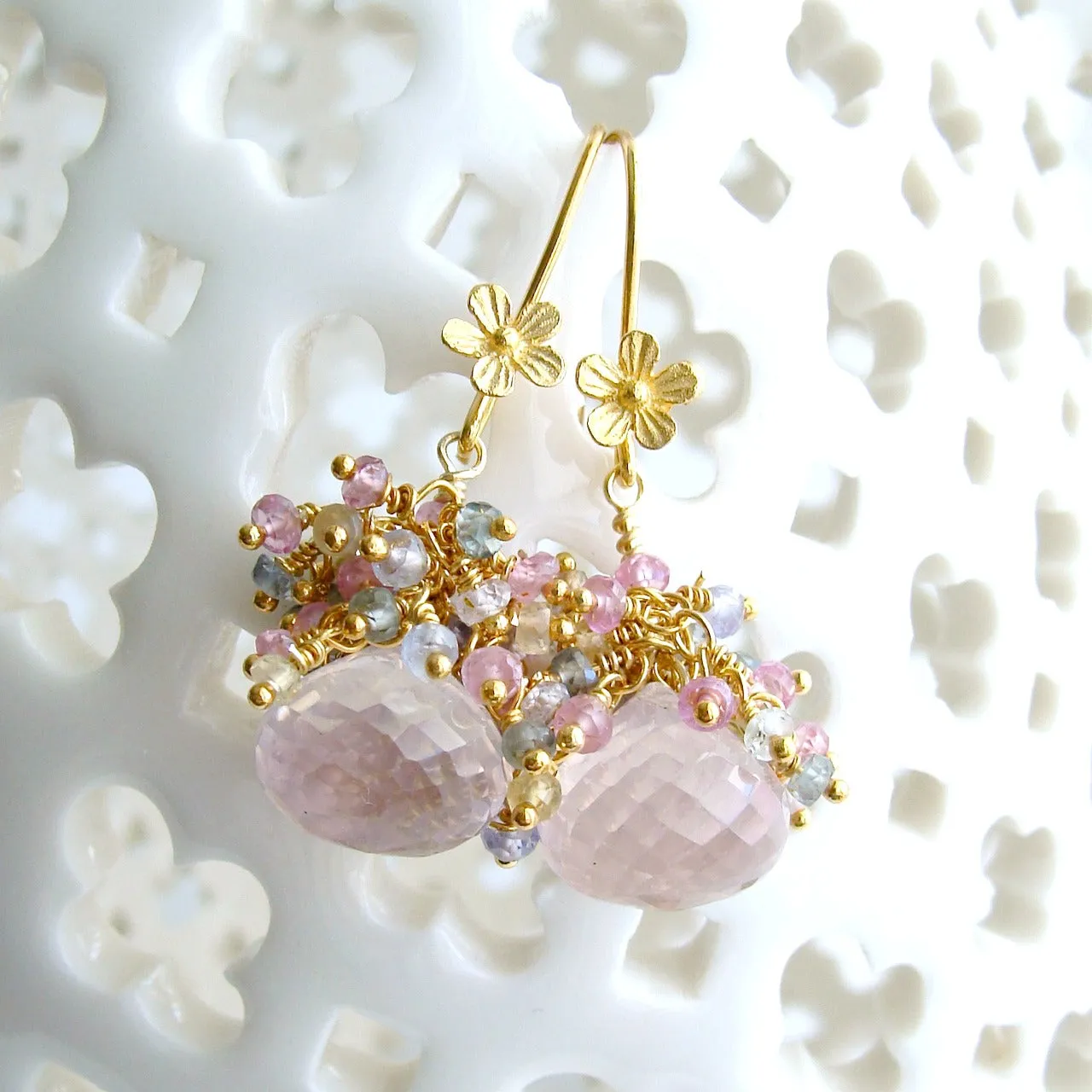 Rose Quartz Pastel Sapphires Cluster Tendrils Earrings - Juliet II Earrings