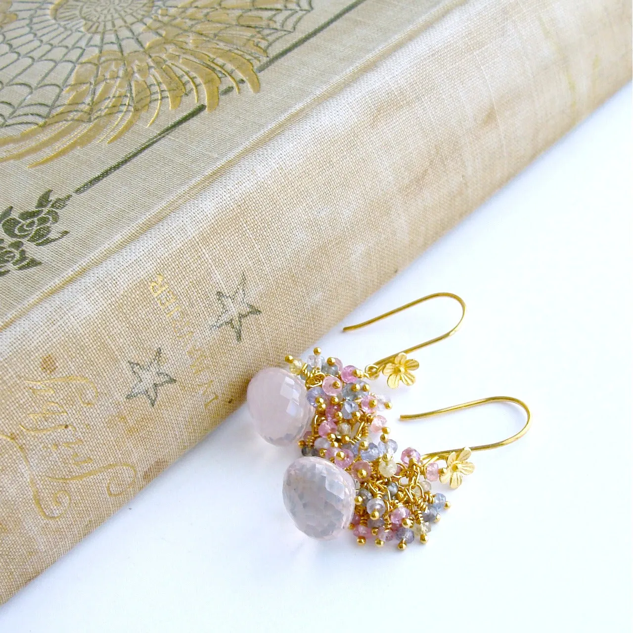 Rose Quartz Pastel Sapphires Cluster Tendrils Earrings - Juliet II Earrings