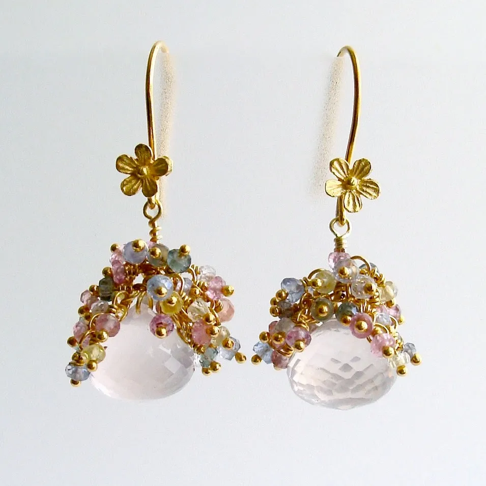 Rose Quartz Pastel Sapphires Cluster Tendrils Earrings - Juliet II Earrings