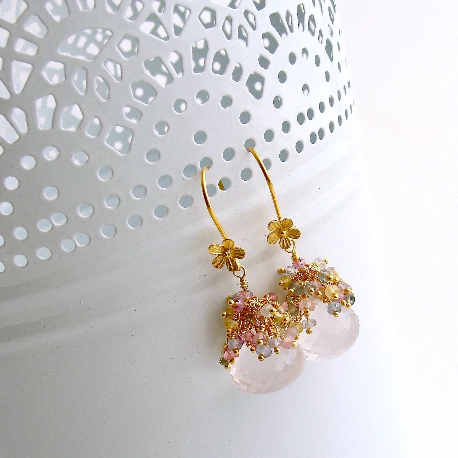 Rose Quartz Pastel Sapphires Cluster Tendrils Earrings - Juliet II Earrings