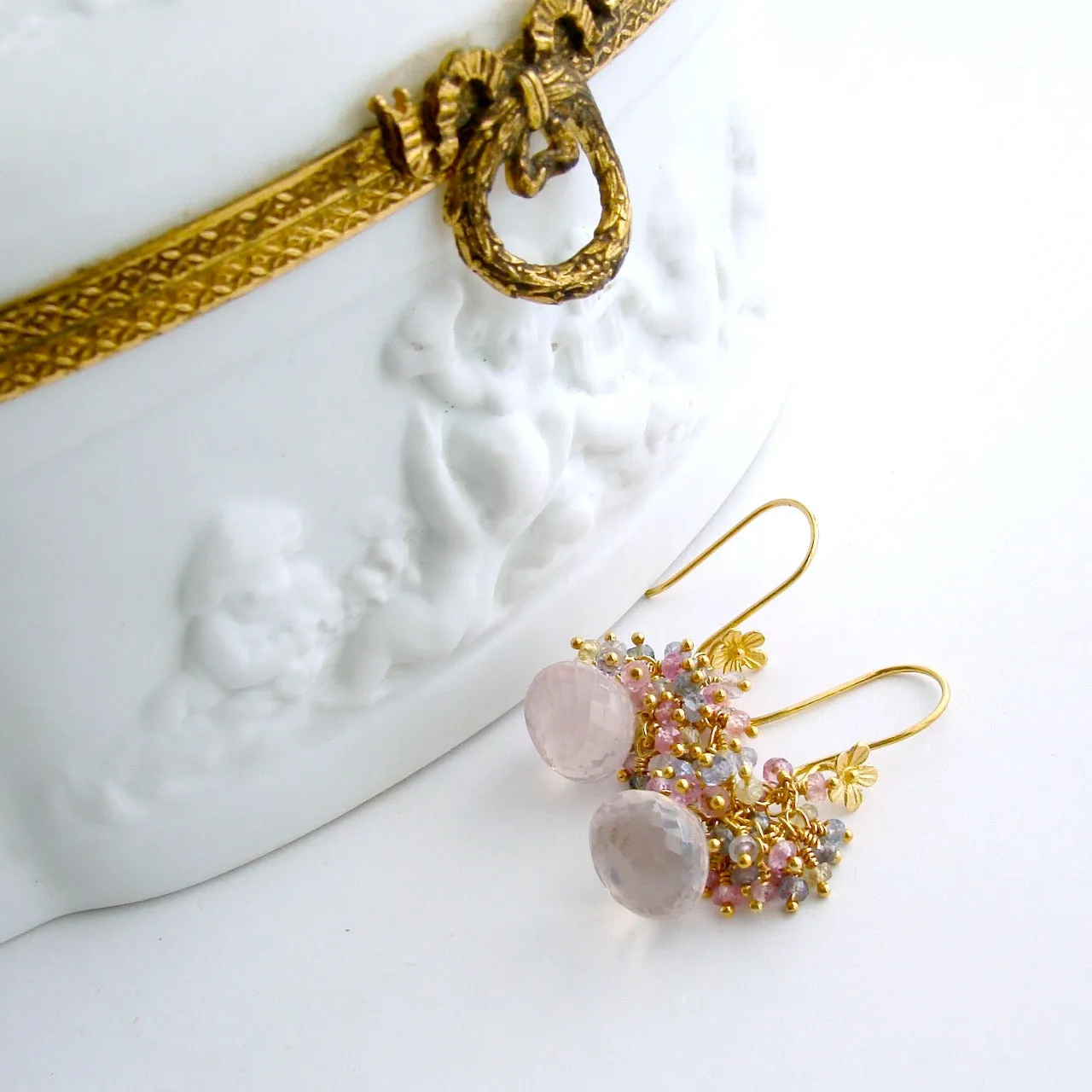 Rose Quartz Pastel Sapphires Cluster Tendrils Earrings - Juliet II Earrings