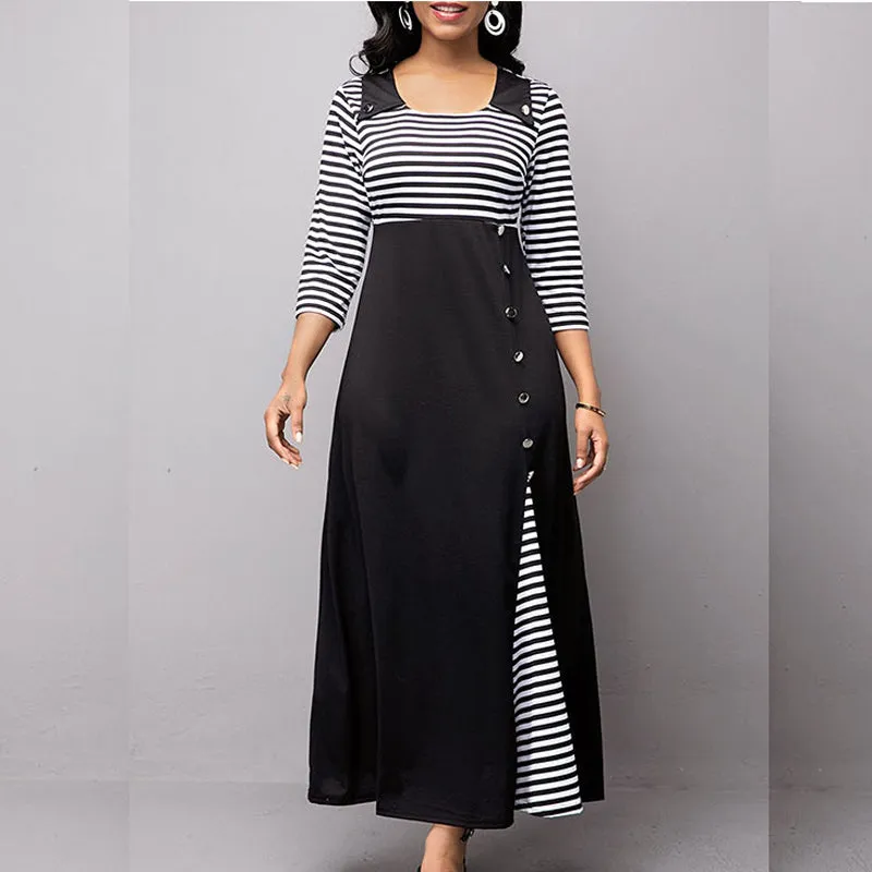 Round Neck Colorblock Button Detailed Irregular Long Dress