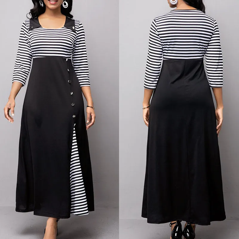 Round Neck Colorblock Button Detailed Irregular Long Dress