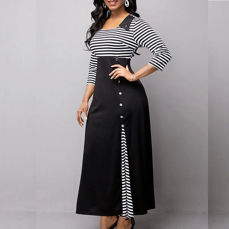 Round Neck Colorblock Button Detailed Irregular Long Dress