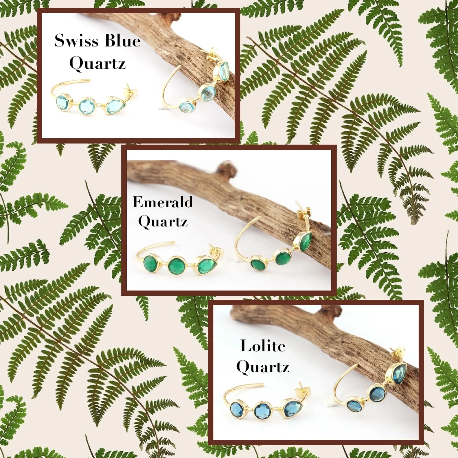 Round Pear-Shaped Quartz Gemstones Hoop Earrings 1.25”