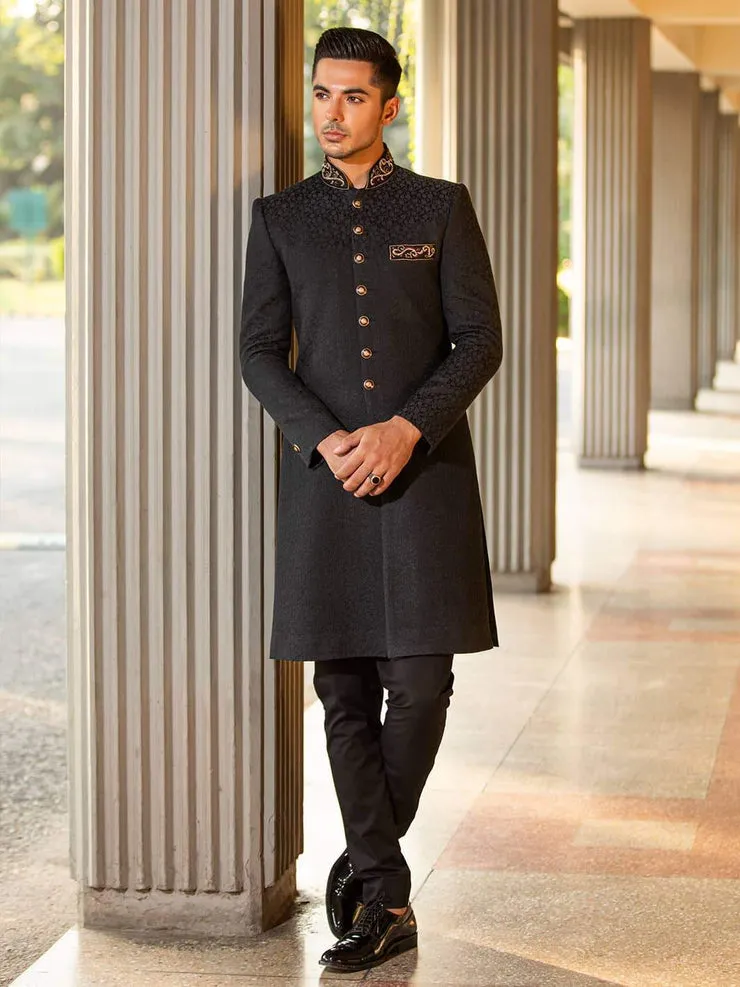 Royal Karandi Jamawar Black Dabka Resham Pakistani Groom Sherwani
