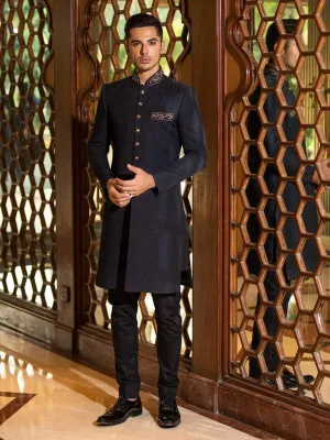 Royal Karandi Jamawar Black Dabka Resham Pakistani Groom Sherwani