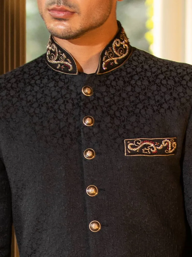 Royal Karandi Jamawar Black Dabka Resham Pakistani Groom Sherwani