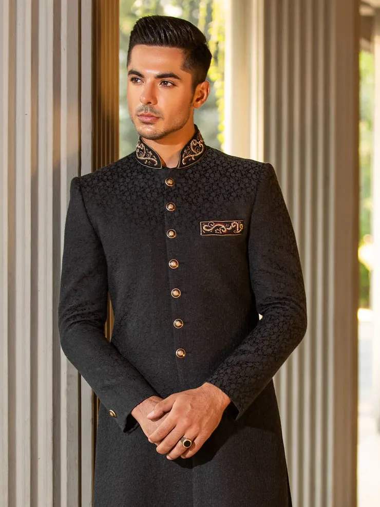 Royal Karandi Jamawar Black Dabka Resham Pakistani Groom Sherwani