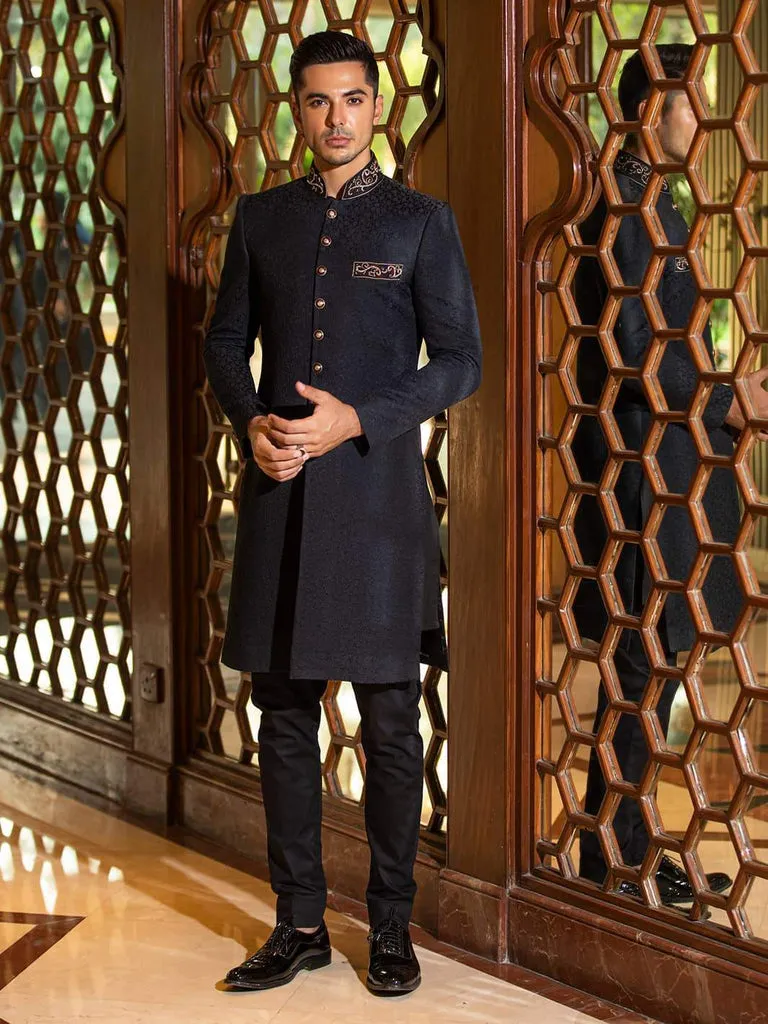 Royal Karandi Jamawar Black Dabka Resham Pakistani Groom Sherwani