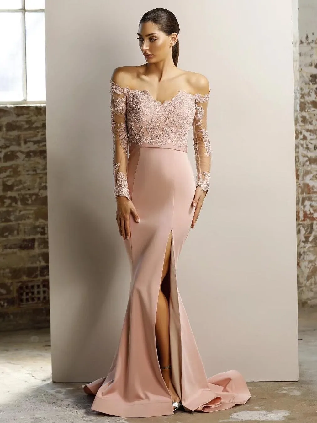 Roycebridal Long Sleeves Lace Prom Dress Off the Shoulder Bridesmaid Dress