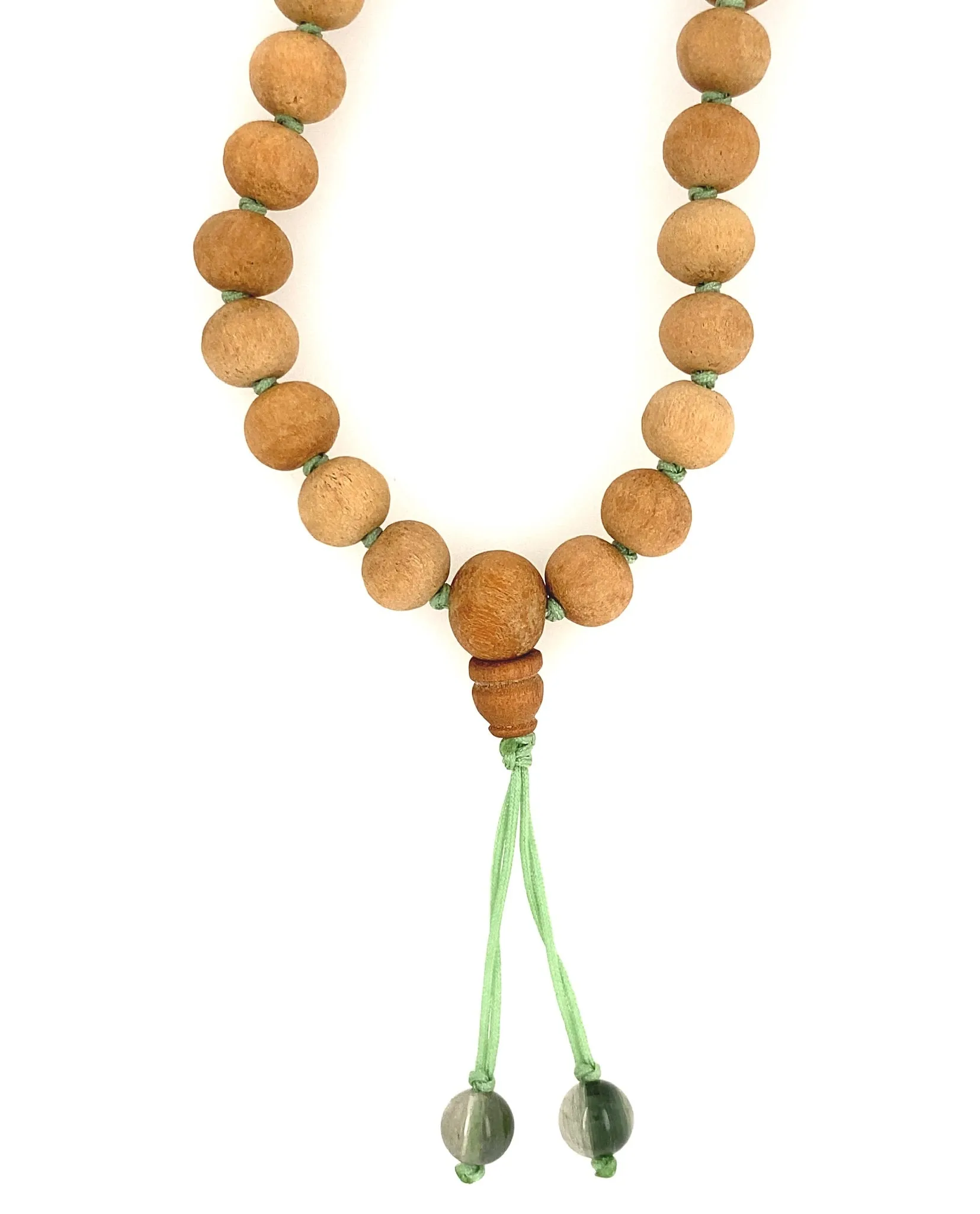 Sandal Wood Paired w/ Burmese Green Jadeite Conch & Double Happiness, Green Tourmalated Quartz Mala