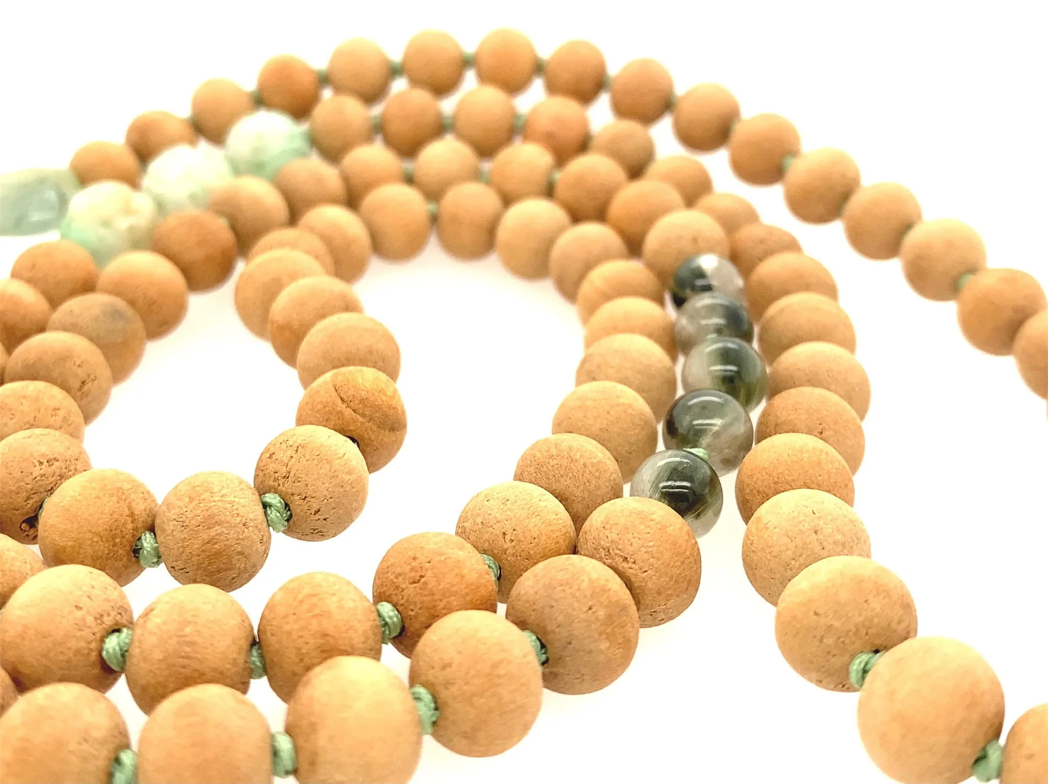 Sandal Wood Paired w/ Burmese Green Jadeite Conch & Double Happiness, Green Tourmalated Quartz Mala