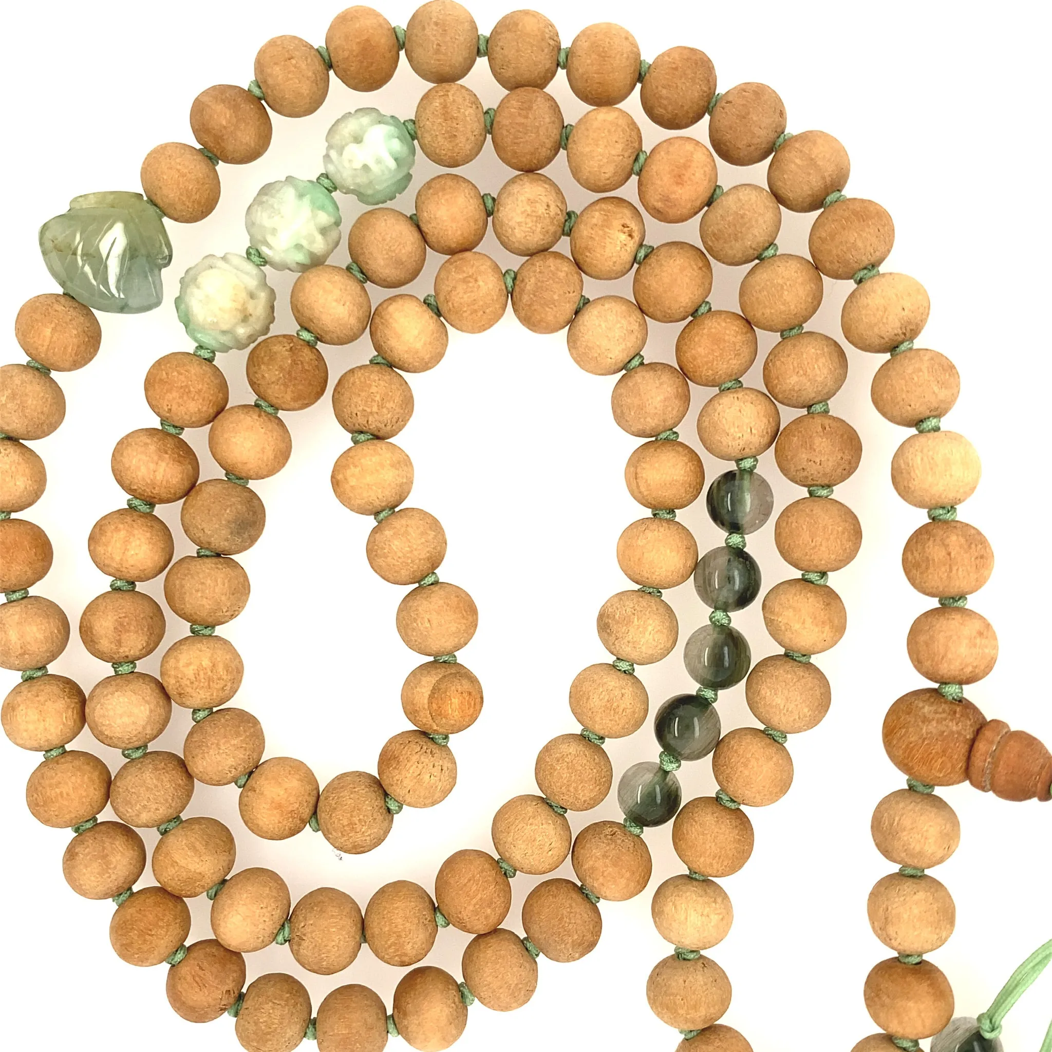Sandal Wood Paired w/ Burmese Green Jadeite Conch & Double Happiness, Green Tourmalated Quartz Mala