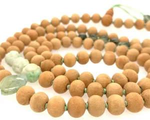 Sandal Wood Paired w/ Burmese Green Jadeite Conch & Double Happiness, Green Tourmalated Quartz Mala
