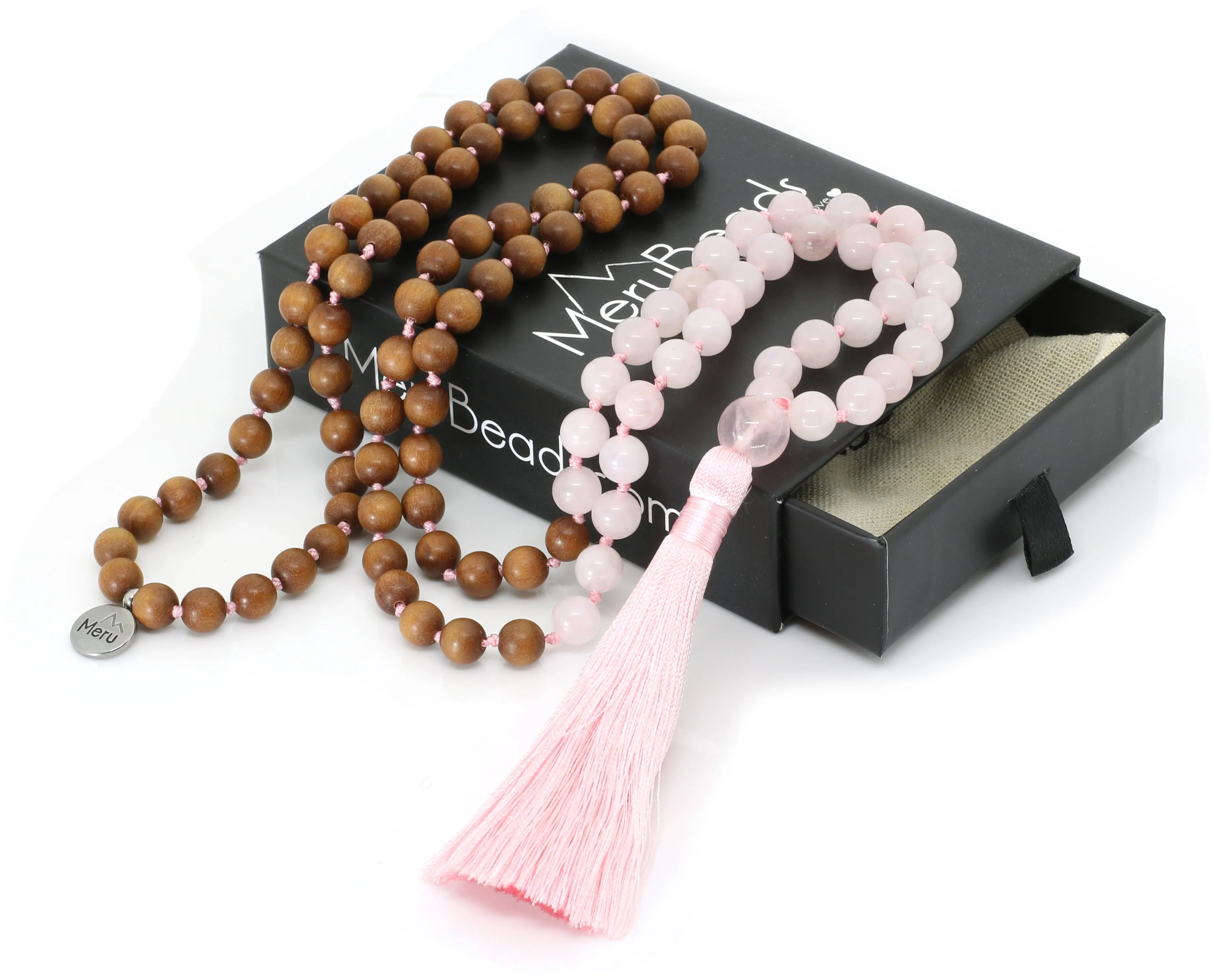 Sandalwood & Rose Quartz Mala Beads Necklace - "I am Absolute Love"