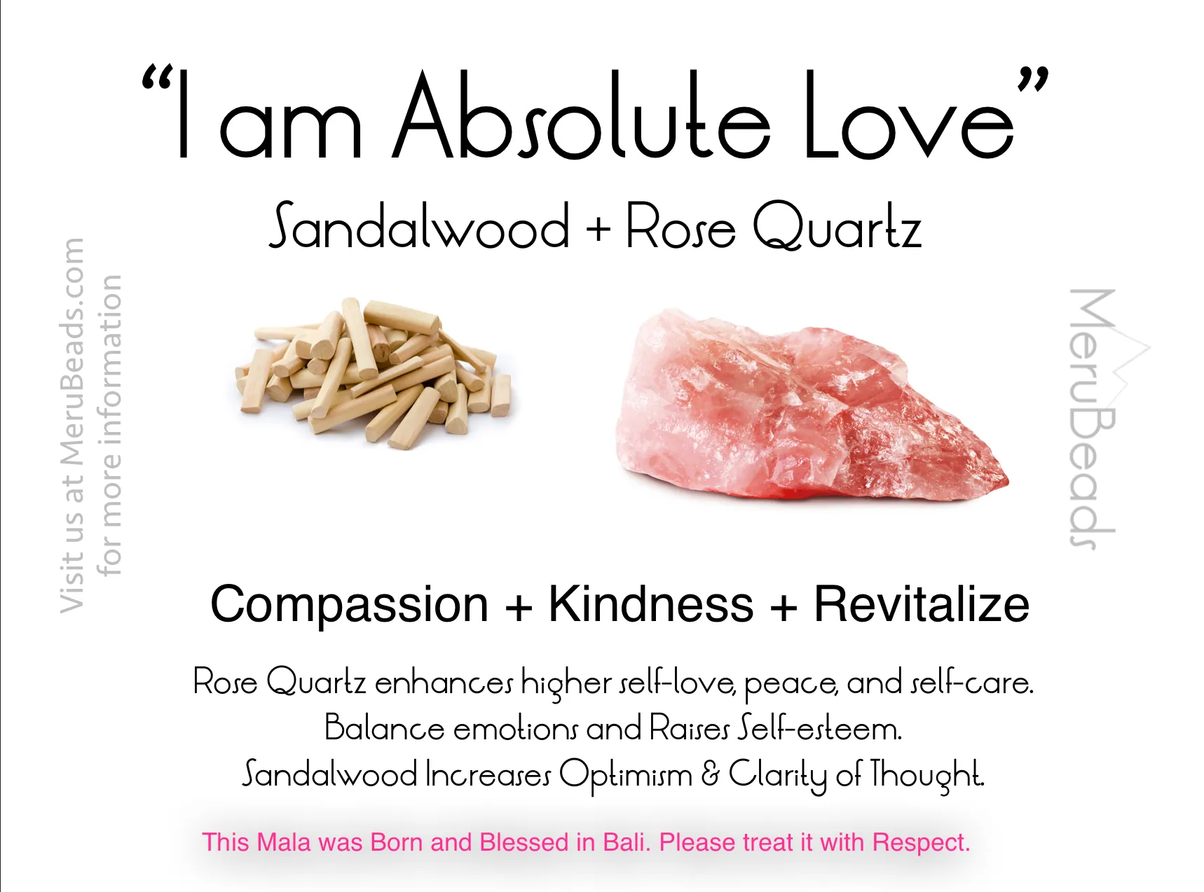Sandalwood & Rose Quartz Mala Beads Necklace - "I am Absolute Love"