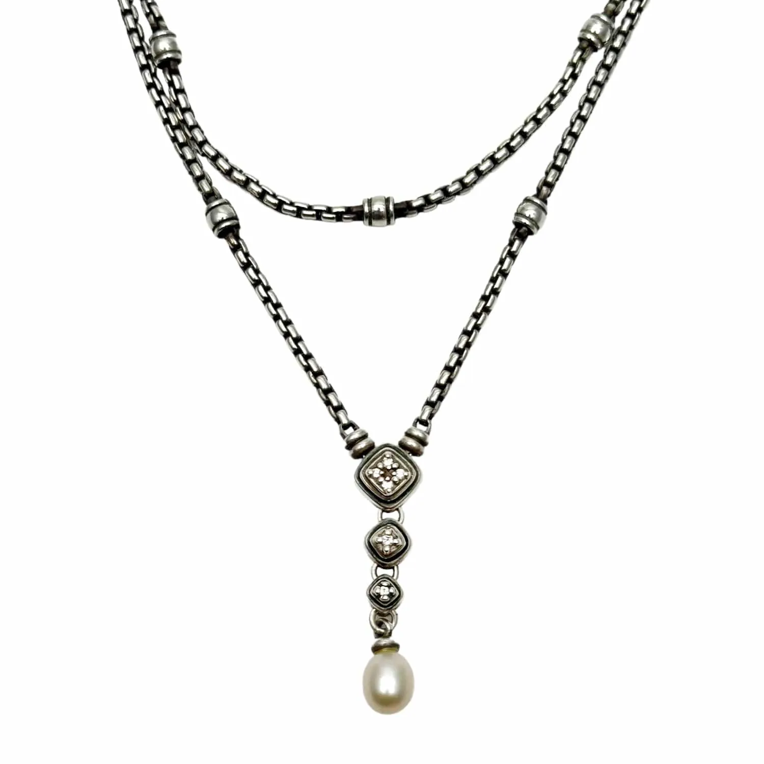 SCOTT KAY Sterling Silver Diamond & Freshwater Pearl Drop Necklace
