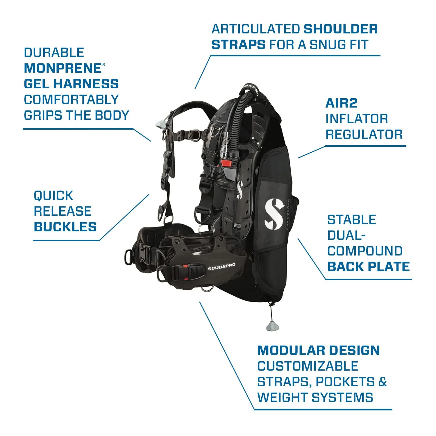 SCUBAPRO Hydros Pro Men's Diving BCD with Air2 5th Generation Inflator Regulator (Large, Black)