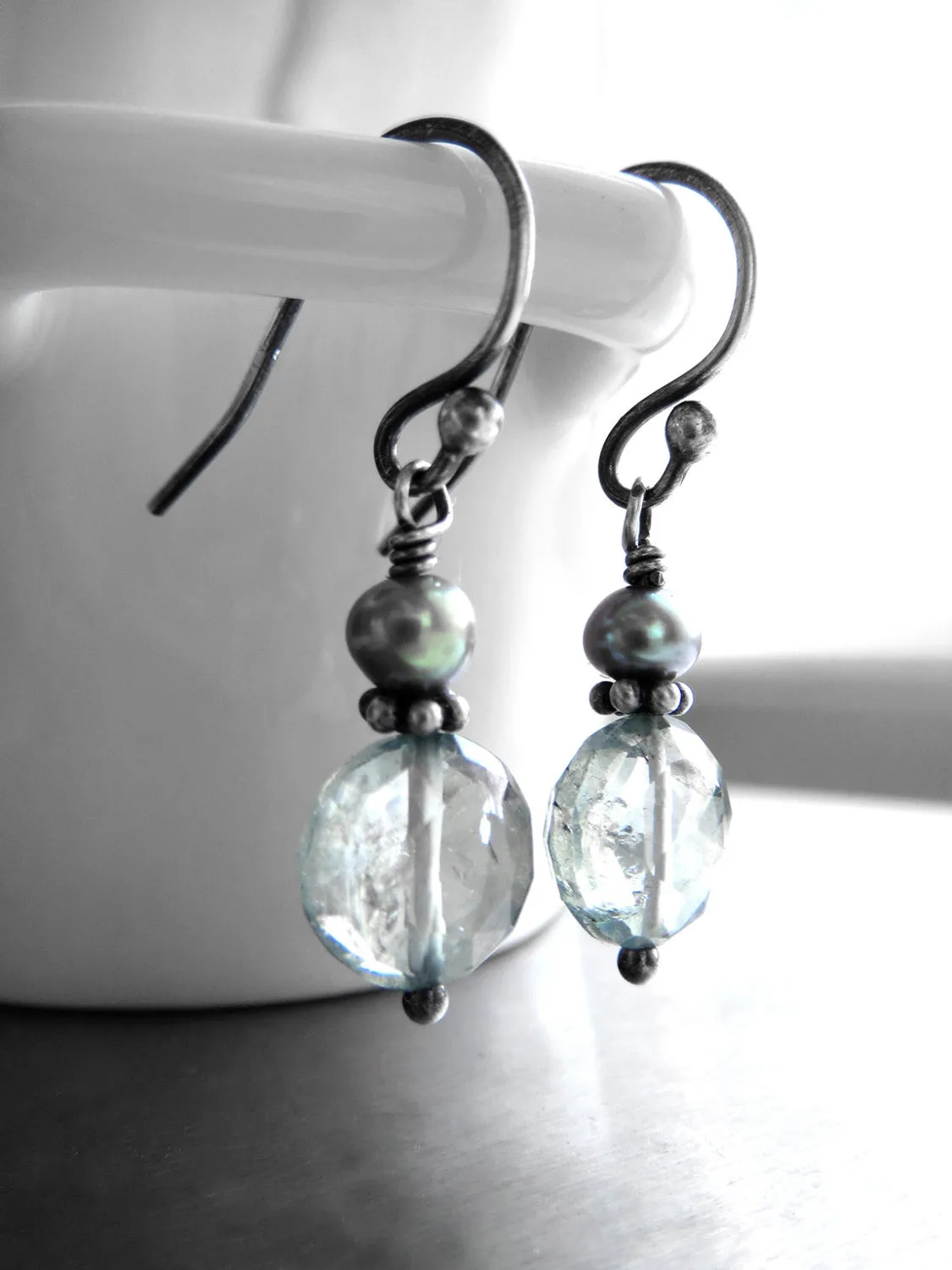 Seafoam Green Quartz Gemstone and Pearl Earrings