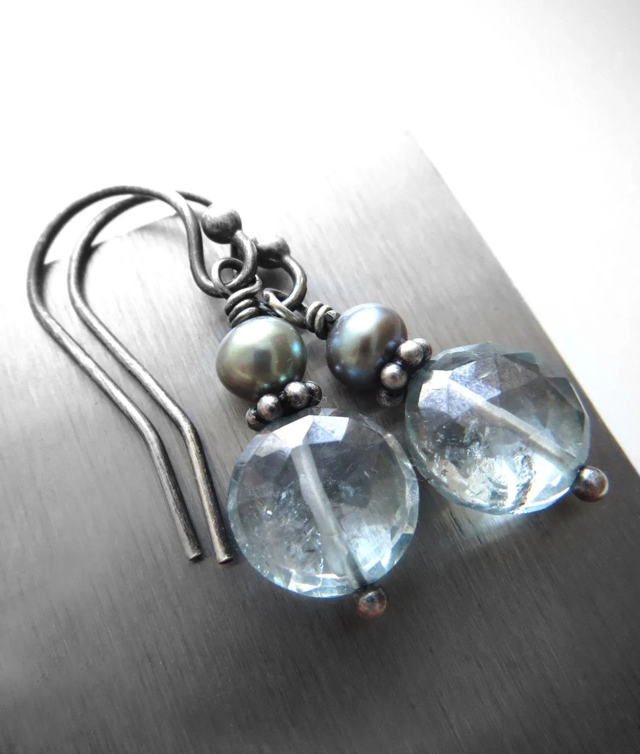 Seafoam Green Quartz Gemstone and Pearl Earrings