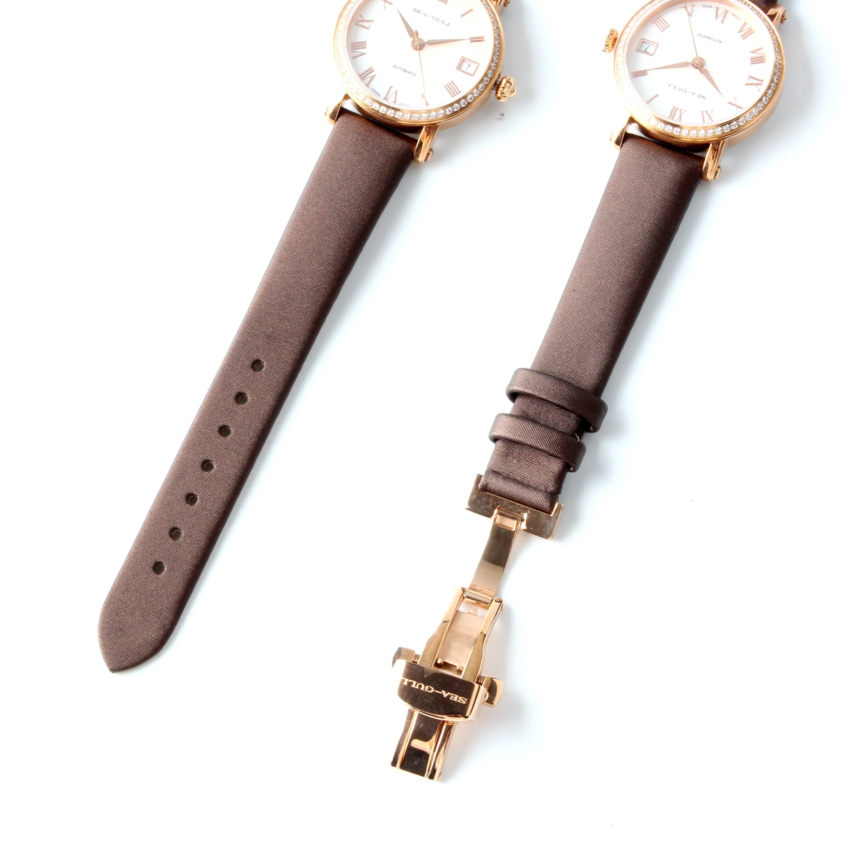 Seagull Rhinestone Bezel MOP Satin Finished Strap Auto Date Onion Crown Gold Plated Self Wind Automatic Women's Watch 719.387