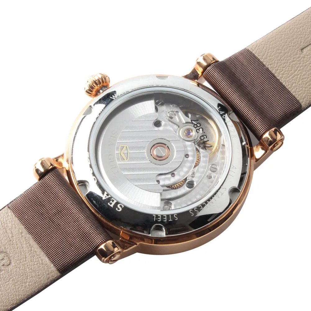 Seagull Rhinestone Bezel MOP Satin Finished Strap Auto Date Onion Crown Gold Plated Self Wind Automatic Women's Watch 719.387