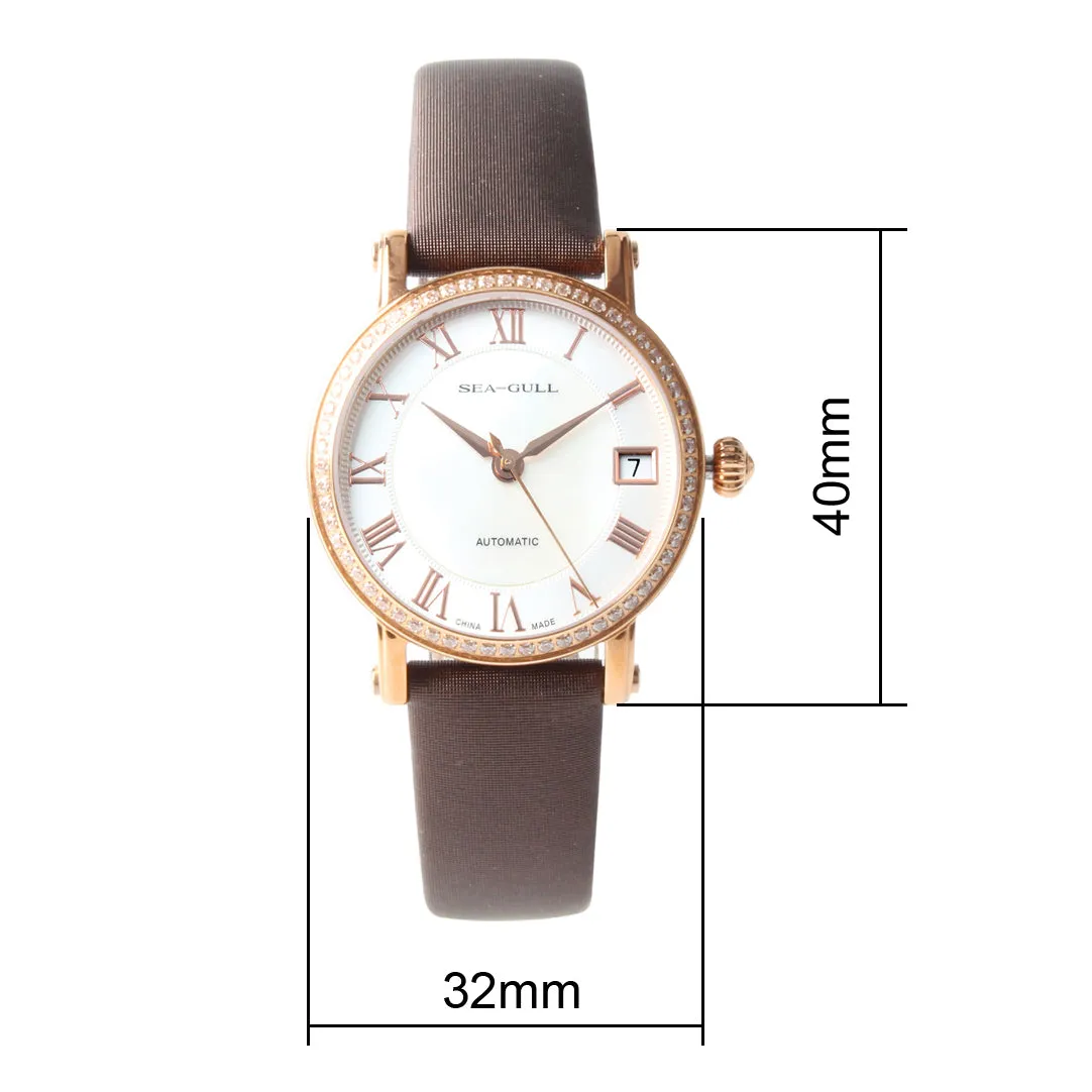 Seagull Rhinestone Bezel MOP Satin Finished Strap Auto Date Onion Crown Gold Plated Self Wind Automatic Women's Watch 719.387