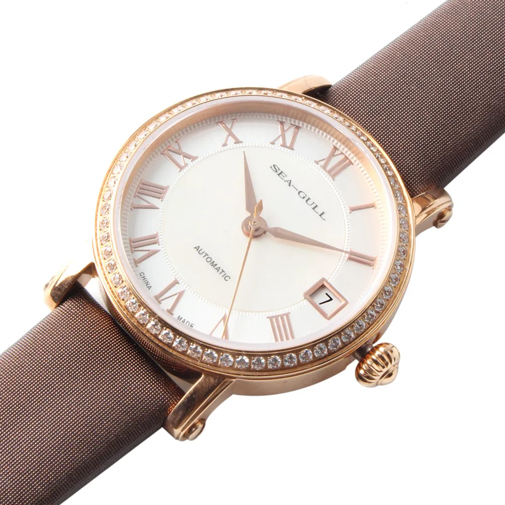 Seagull Rhinestone Bezel MOP Satin Finished Strap Auto Date Onion Crown Gold Plated Self Wind Automatic Women's Watch 719.387