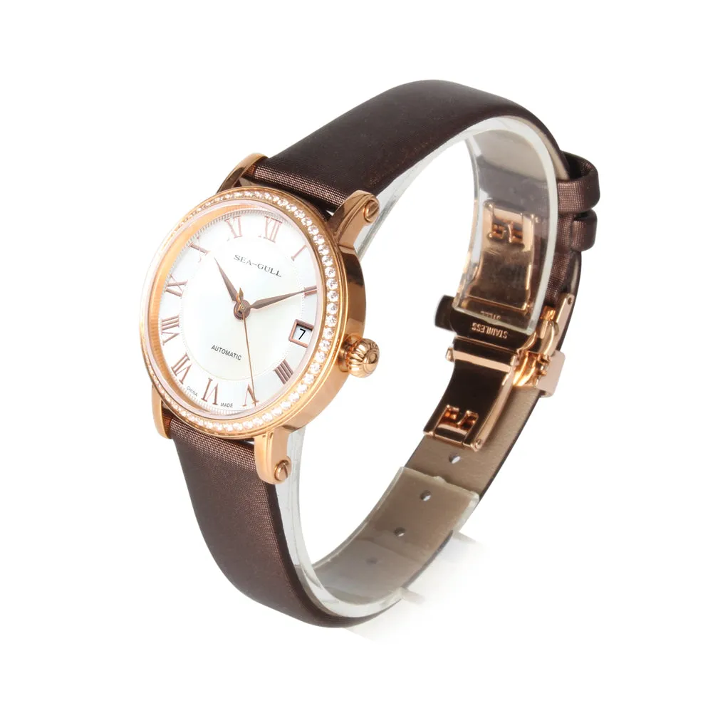 Seagull Rhinestone Bezel MOP Satin Finished Strap Auto Date Onion Crown Gold Plated Self Wind Automatic Women's Watch 719.387