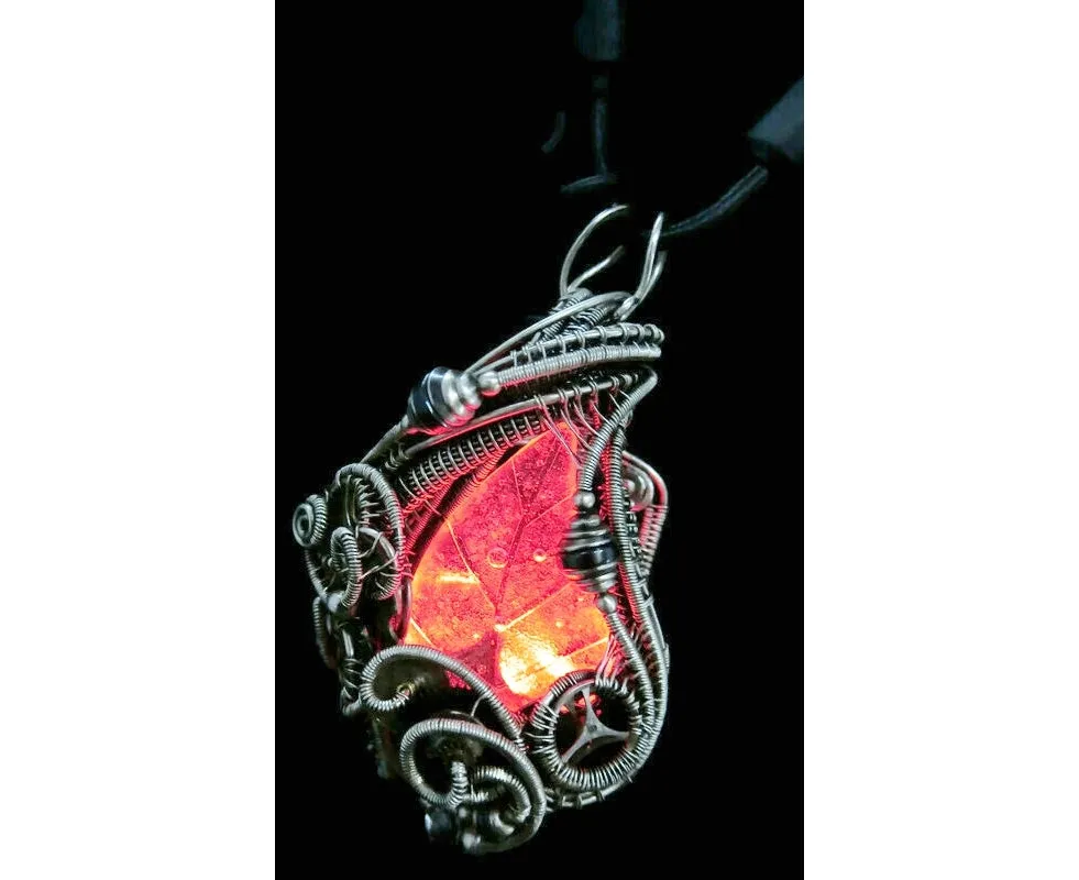 Seasonal Colors Leaf Necklace with Upcycled Electronic and Watch Parts, Steampunk/Cyberpunk Fusion