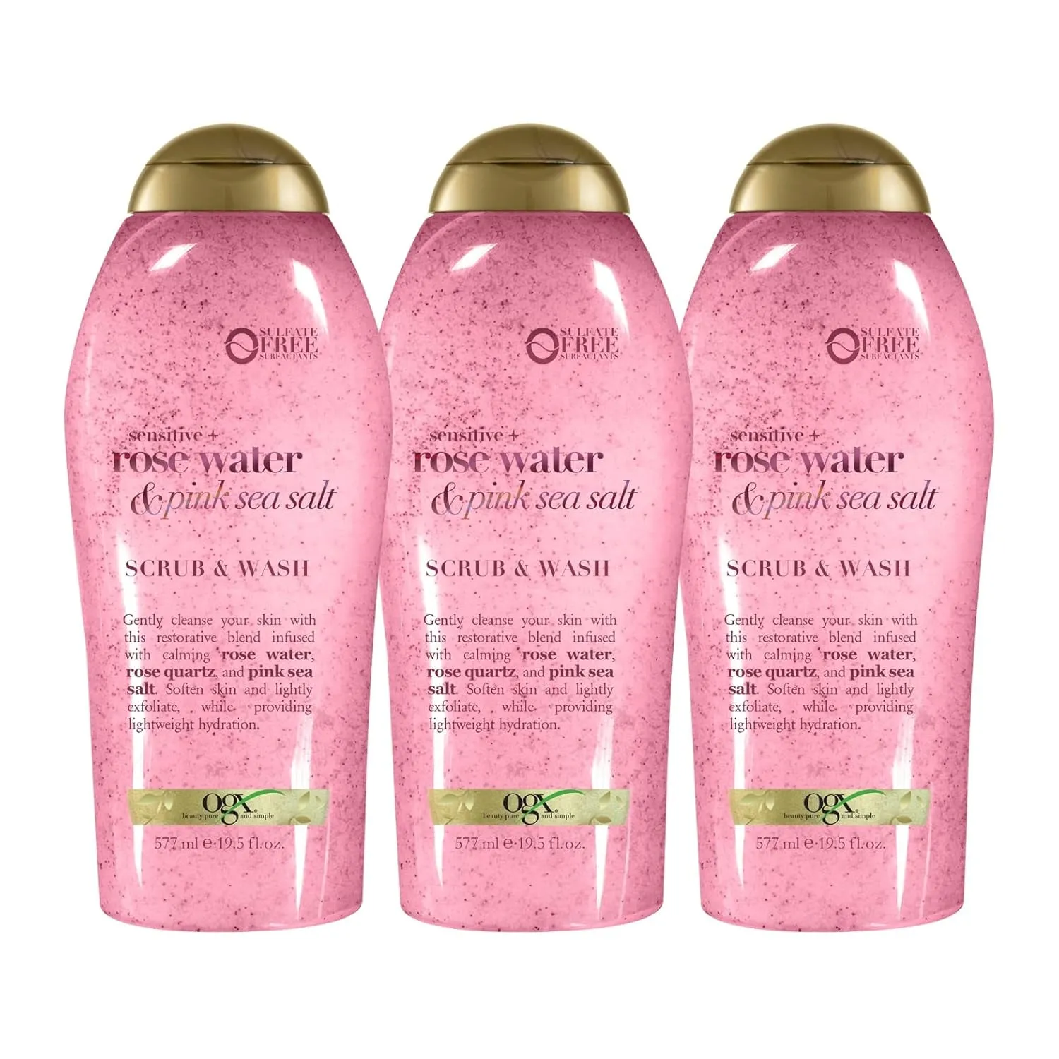 Sensitive   Pink Sea Salt & Rosewater Sulfate-Free Soothing Body Scrub with Healing Rose Quartz, Gentle Exfoliating Daily Body Wash to Soften & Smooth Skin, 19.5 Fl Oz