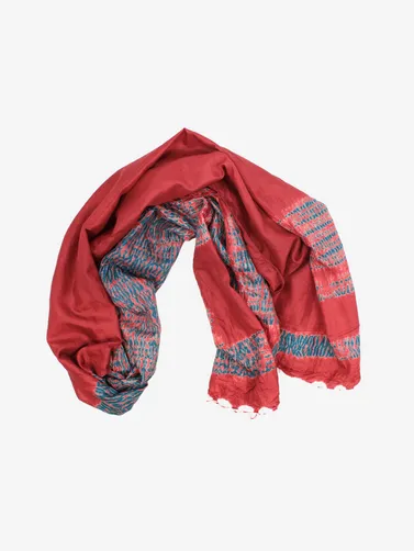Shibori Silk handmade Red and Teal Jewel tone scarf