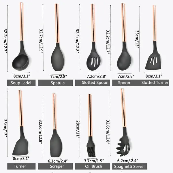 Silicone Non-scratch Cooking Kitchen Utensils Set Rose Gold Stainless Steel Handle