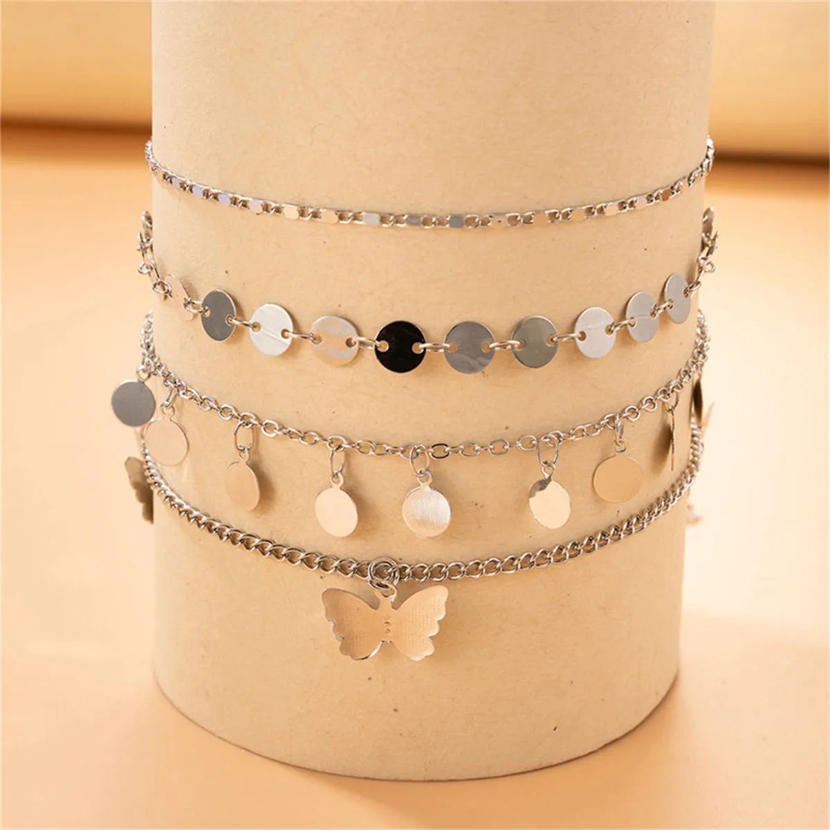 Silver-Plated Sequin & Butterfly Station Anklet Set