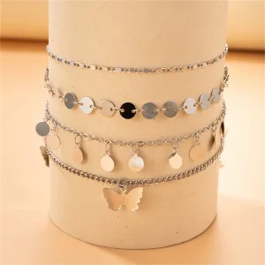 Silver-Plated Sequin & Butterfly Station Anklet Set