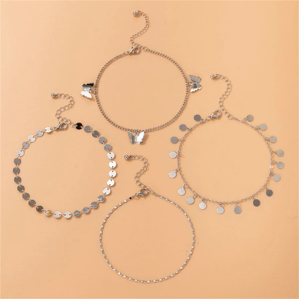 Silver-Plated Sequin & Butterfly Station Anklet Set
