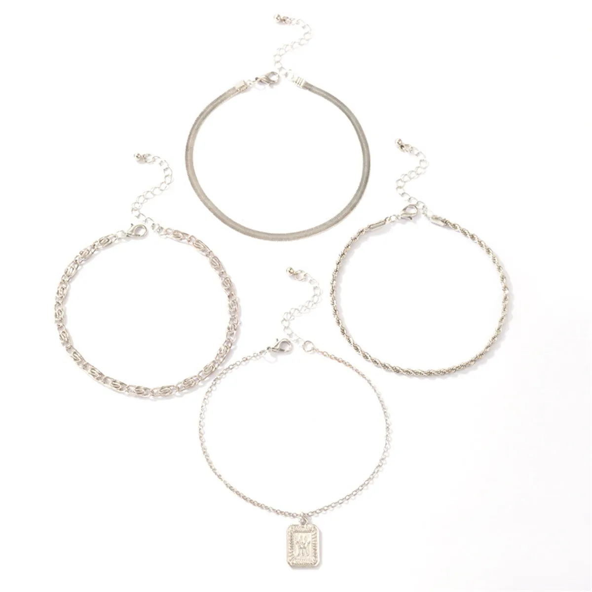 Silver-Plated Snake & Rope Chain Charm Anklet Set