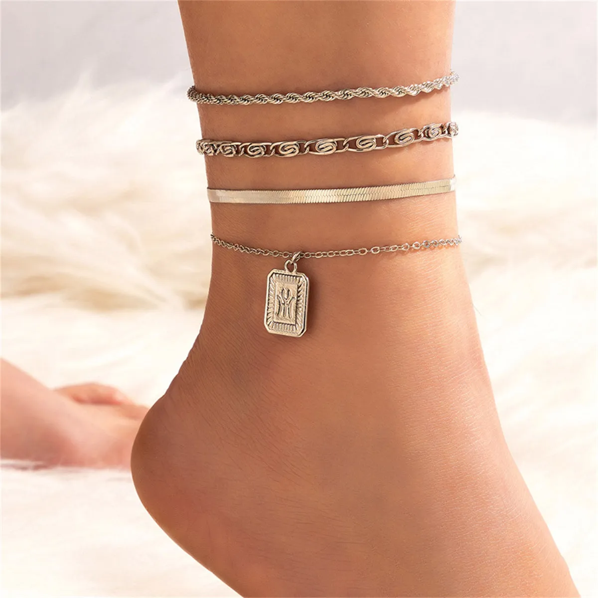 Silver-Plated Snake & Rope Chain Charm Anklet Set