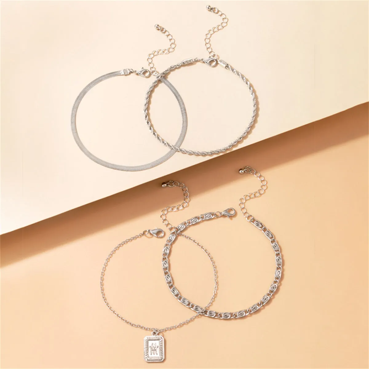 Silver-Plated Snake & Rope Chain Charm Anklet Set