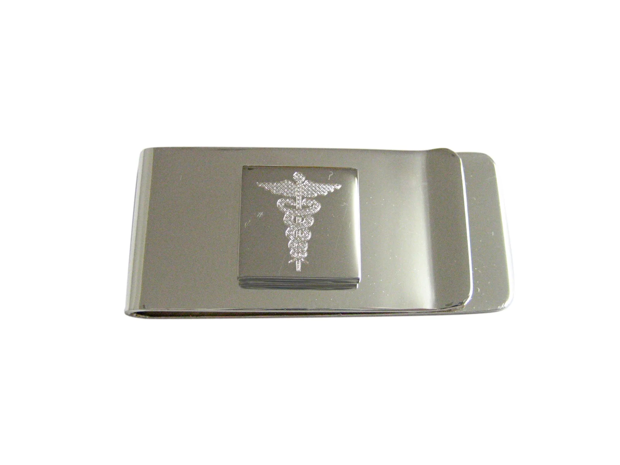 Silver Toned Etched Detailed Caduceus Medical Symbol Money Clip