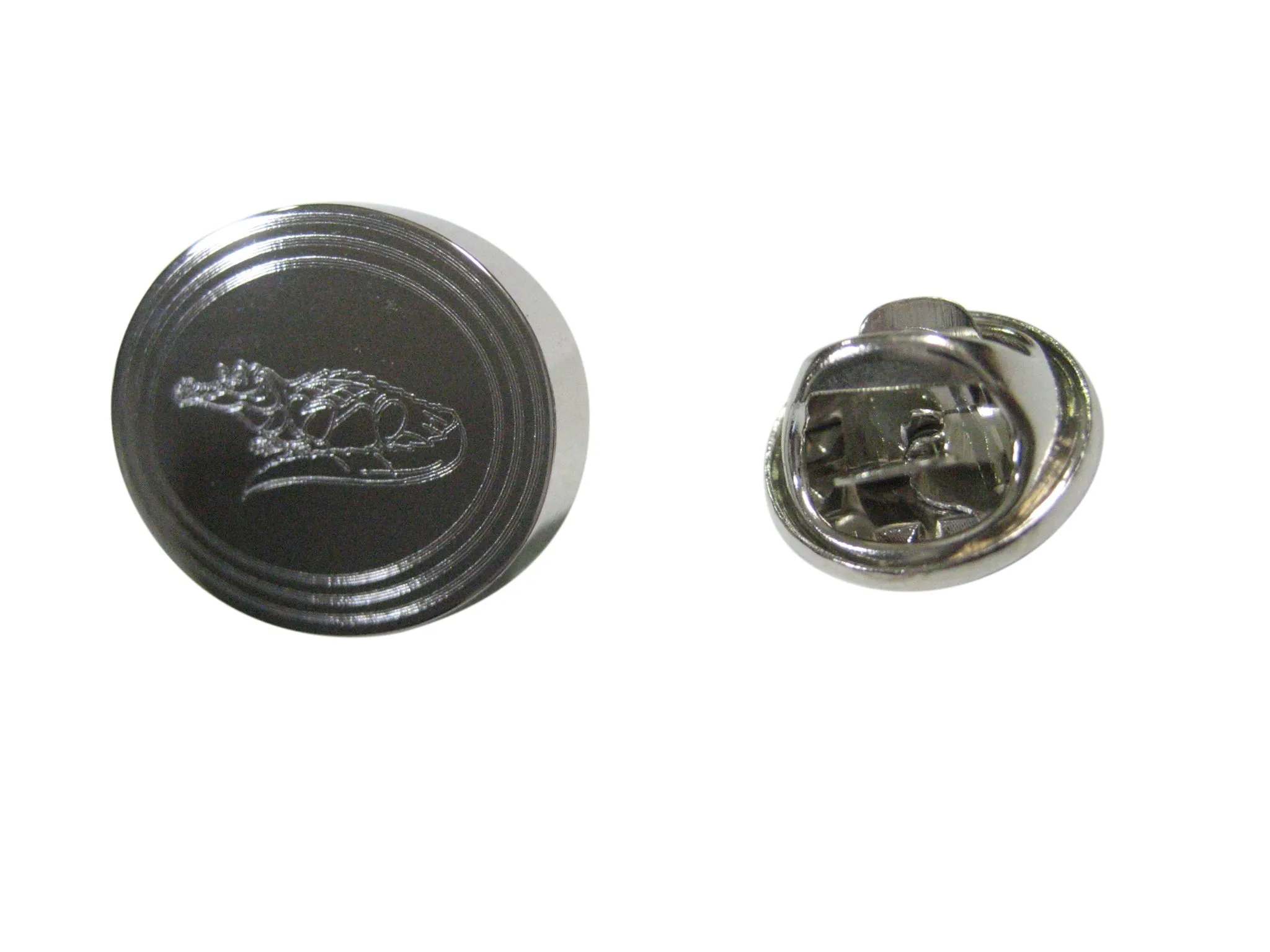 Silver Toned Etched Oval Detailed Alligator Lapel Pin