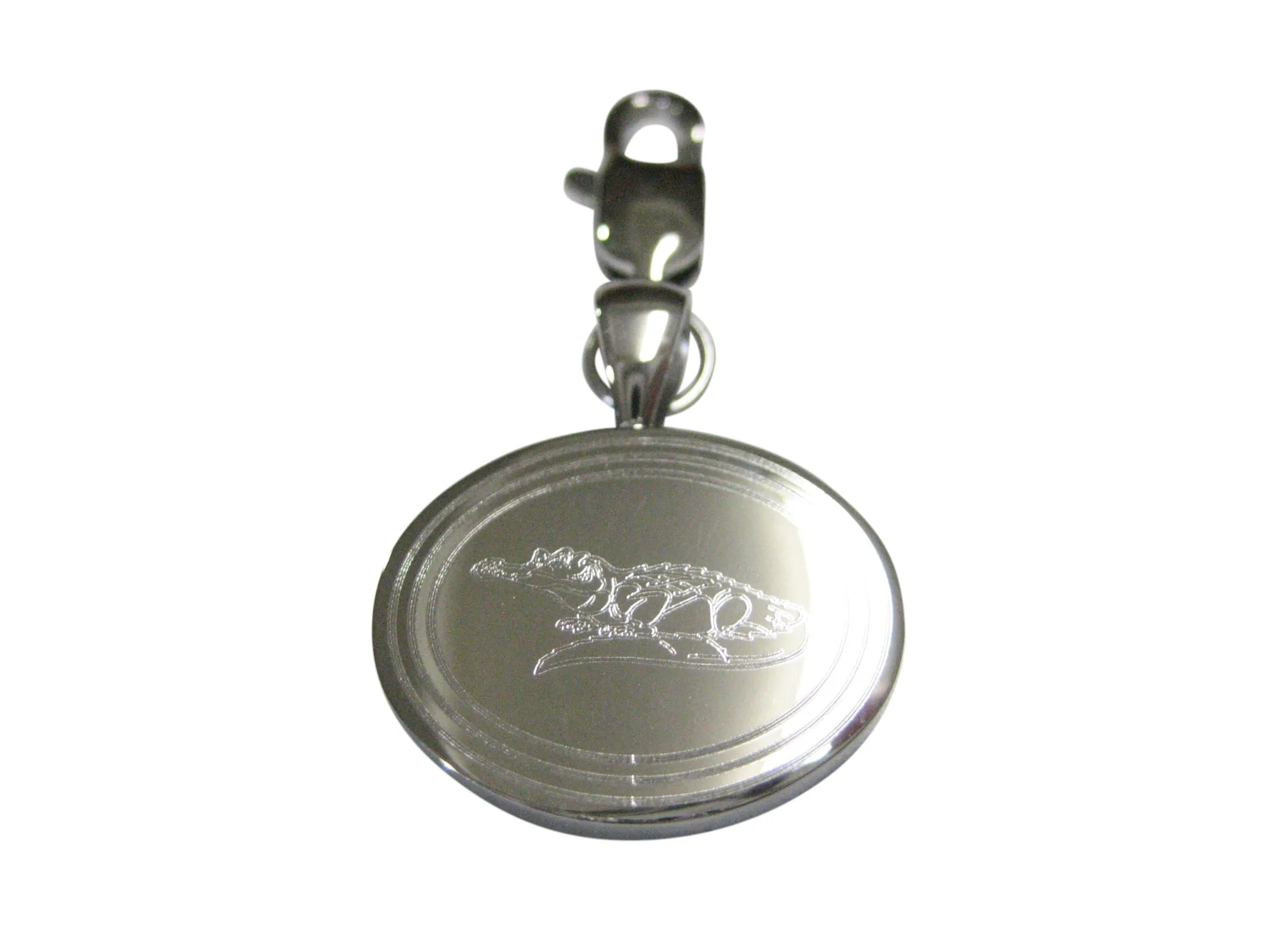 Silver Toned Etched Oval Detailed Alligator Pendant Zipper Pull Charm