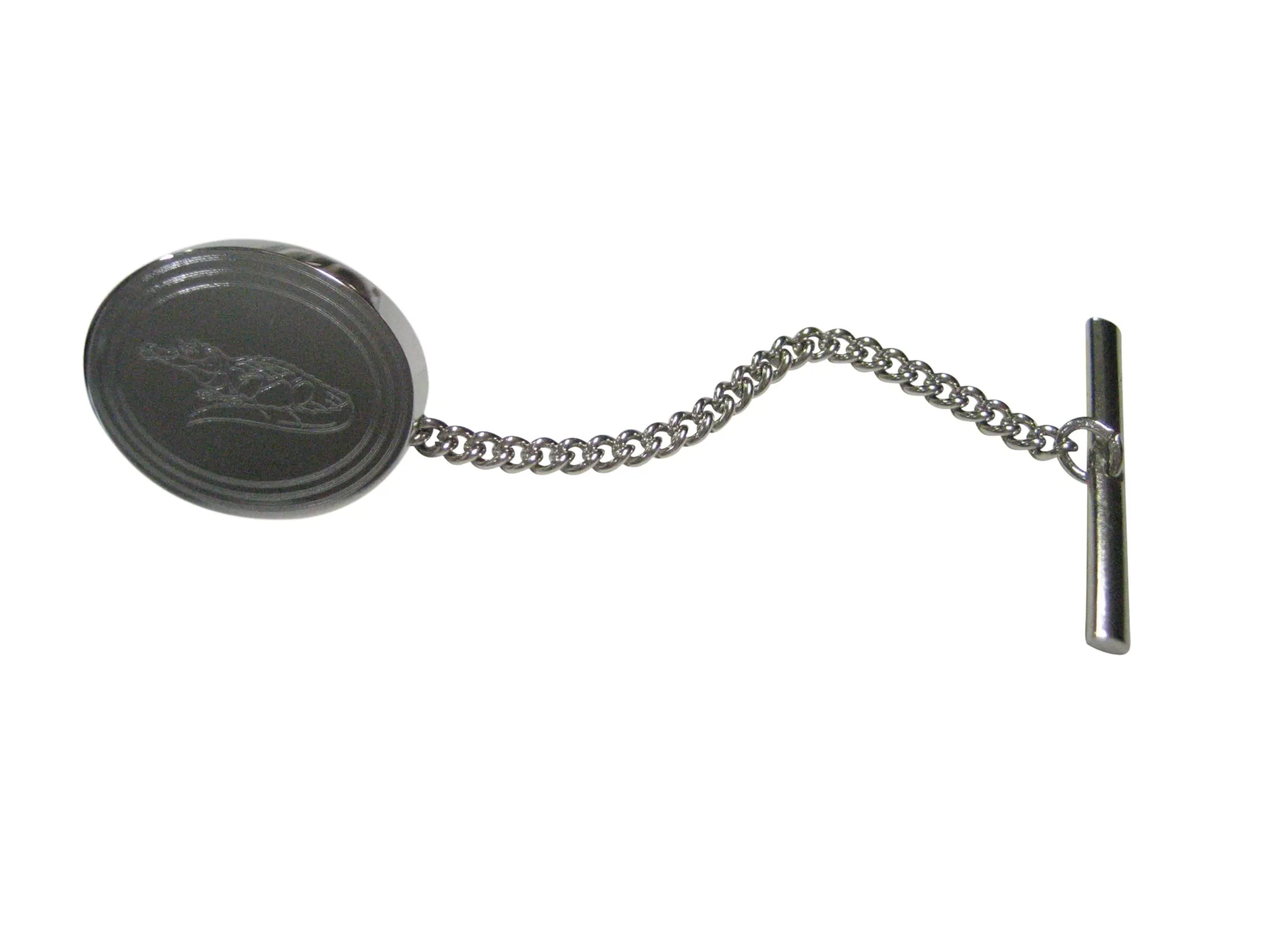 Silver Toned Etched Oval Detailed Alligator Tie Tack
